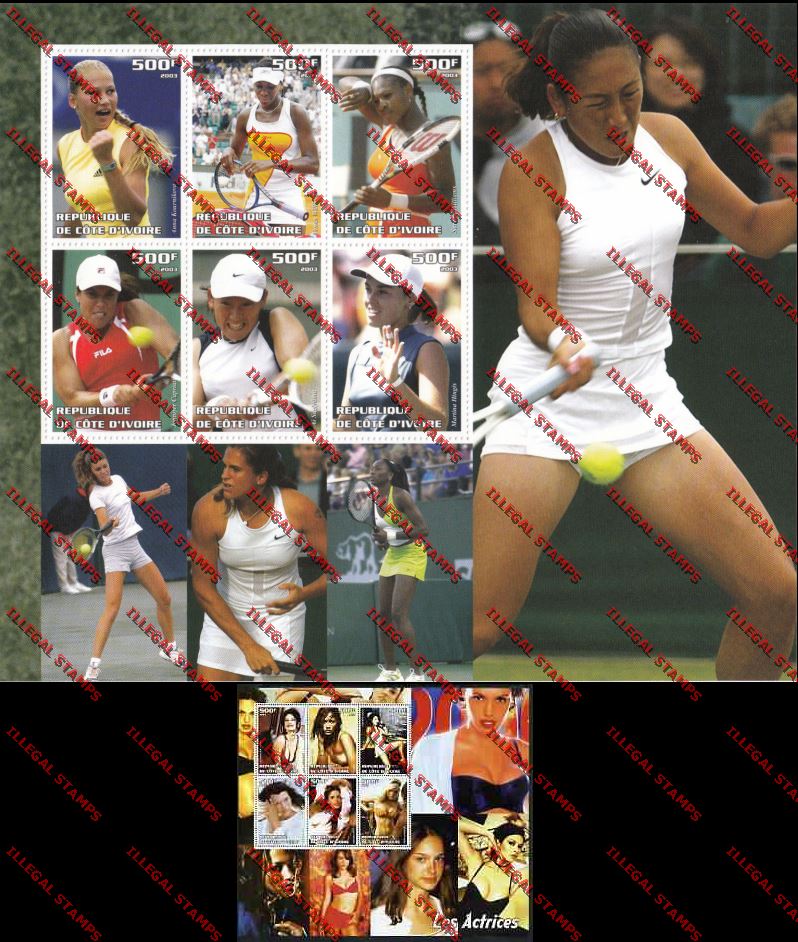 Ivory Coast 2003 Women Tennis Players and Actresses Illegal Stamp Miniature Sheets of Six Ivory coast 2003 Women Tennis Players and Actresses Illegal Stamp Miniature Sheets of Six