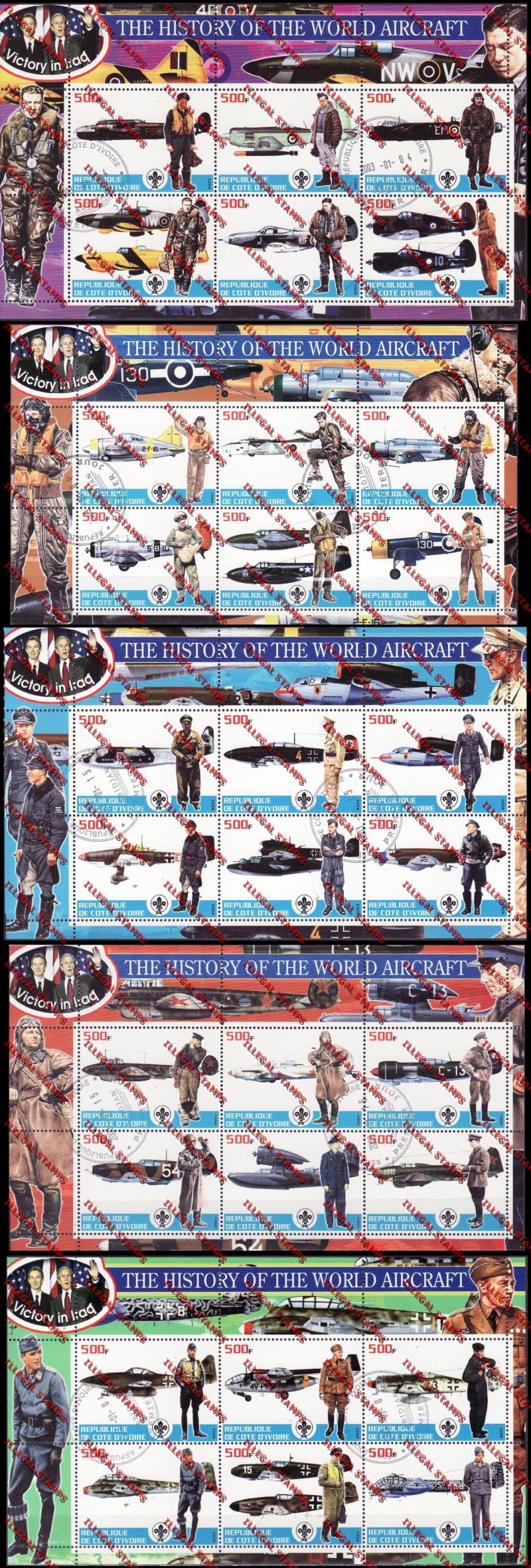 Ivory Coast 2003 The History of World Aircraft with Scouts Emblem Illegal Stamp Sheetlets of Six Ivory coast 2003 The History of World Aircraft with Scouts Emblem Illegal Stamp Sheetlets of Six