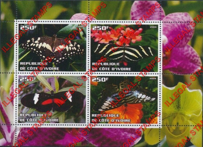 Ivory Coast 2004 Butterflies Illegal Stamp Souvenir Sheet of 4 Ivory Coast 2004 Butterflies Illegal Stamp Souvenir Sheet of 4