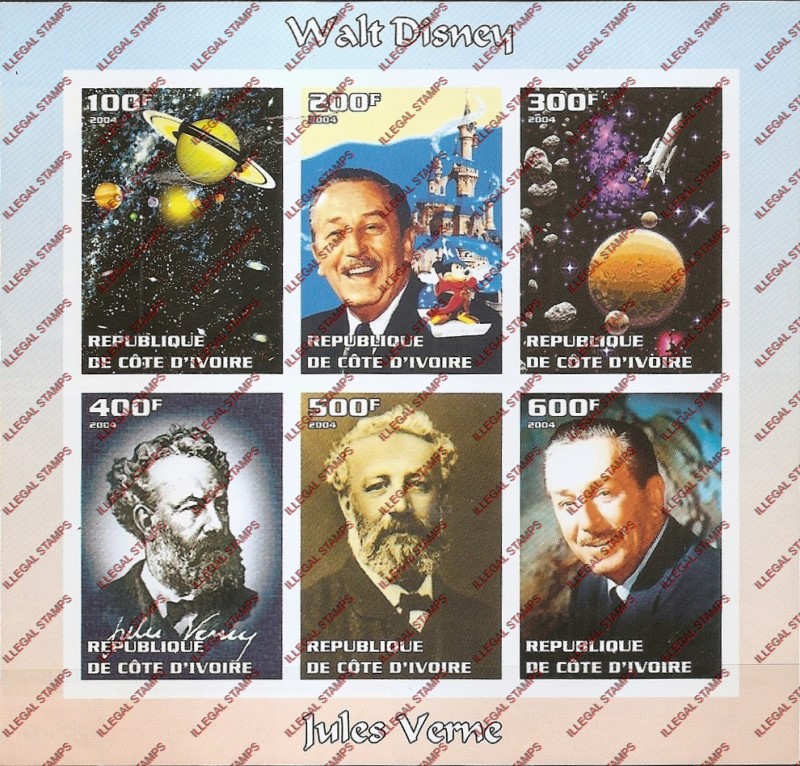 Ivory Coast 2004 Walt Disney and Jules Verne Illegal Stamp Sheetlet of 6 Ivory Coast 2004 Walt Disney and Jules Verne Illegal Stamp Sheetlet of 6