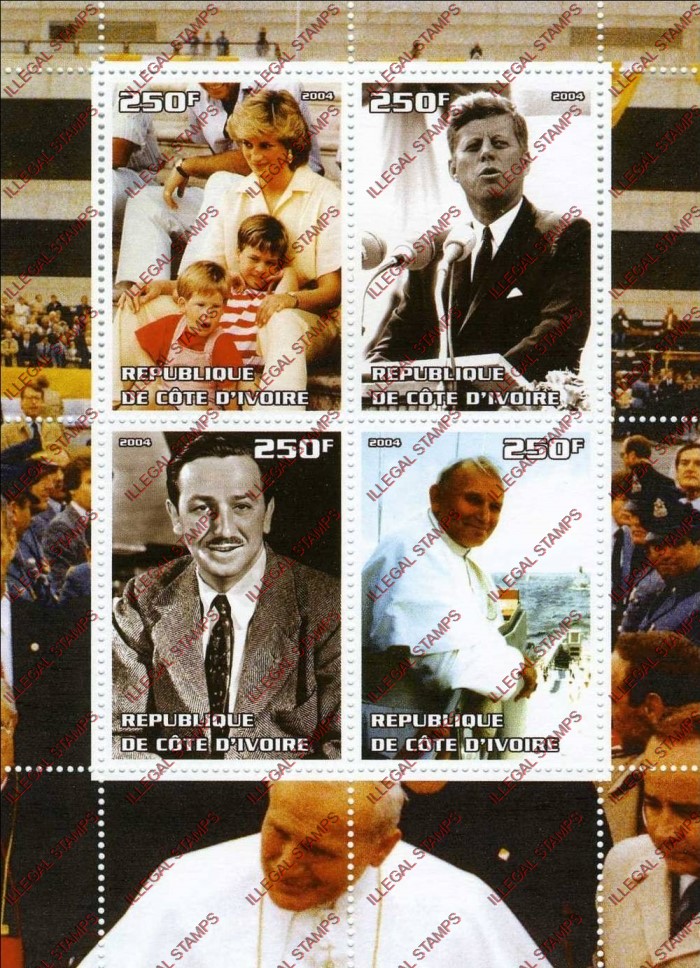 Ivory Coast 2004 Famous People Disney, Diana, Kennedy, Pope Illegal Stamp Souvenir Sheet of 4 Ivory Coast 2004 Famous People Disney, Diana, Kennedy, Pope Illegal Stamp Souvenir Sheet of 4