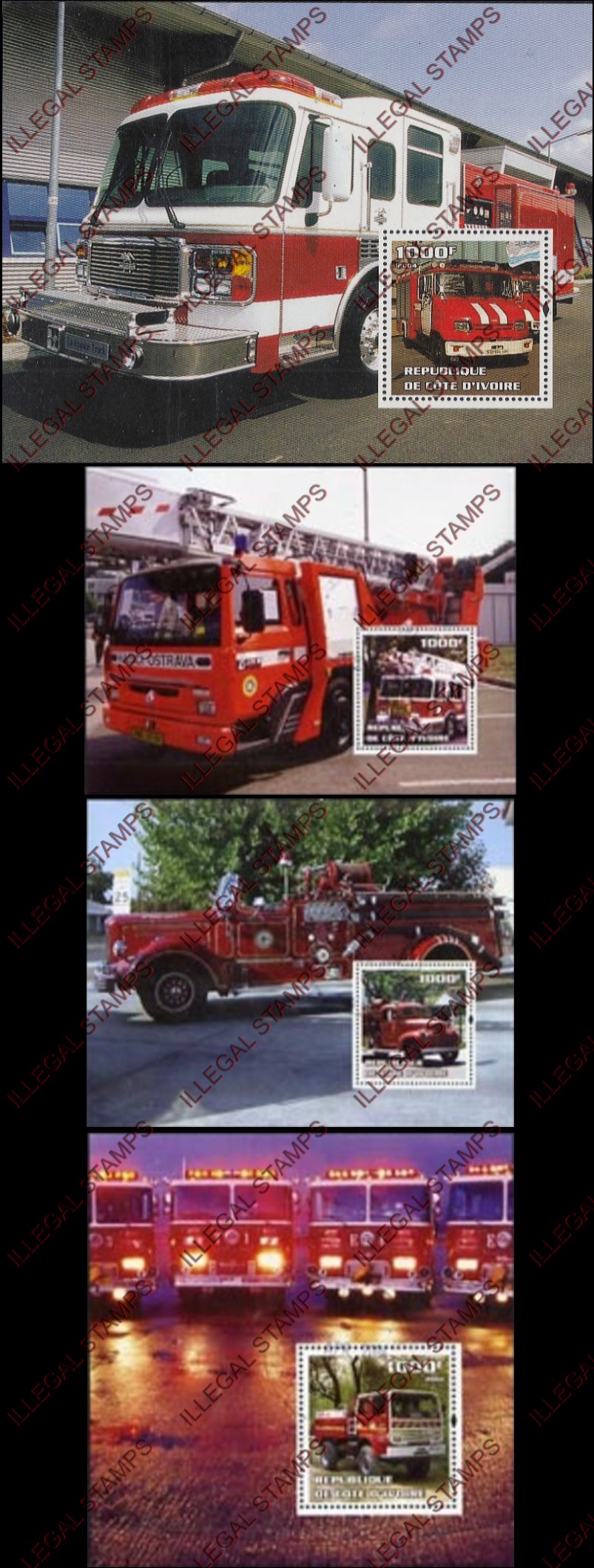 Ivory Coast 2004 Fire Engines Illegal Stamp Souvenir Sheets of 1 Ivory Coast 2004 Fire Engines Illegal Stamp Souvenir Sheets of 1