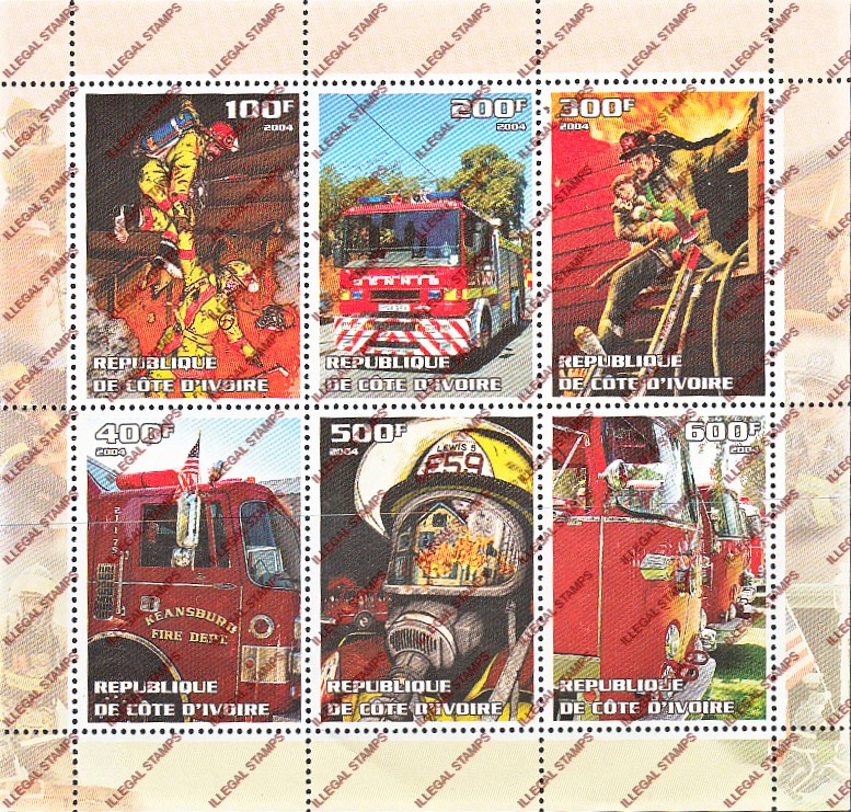 Ivory Coast 2004 Firefighters Illegal Stamp Sheetlet of 6 Ivory Coast 2004 Firefighters Illegal Stamp Sheetlet of 6