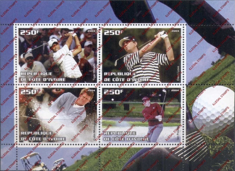 Ivory Coast 2004 Golf Players Illegal Stamp Souvenir Sheet of 4 Ivory Coast 2004 Golf Players Illegal Stamp Souvenir Sheet of 4