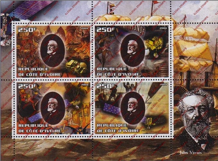 Ivory Coast 2004 Jules Verne Illegal Stamp Souvenir Sheet of 4 Ivory Coast 2004 Jules Verne Illegal Stamp Souvenir Sheet of 4