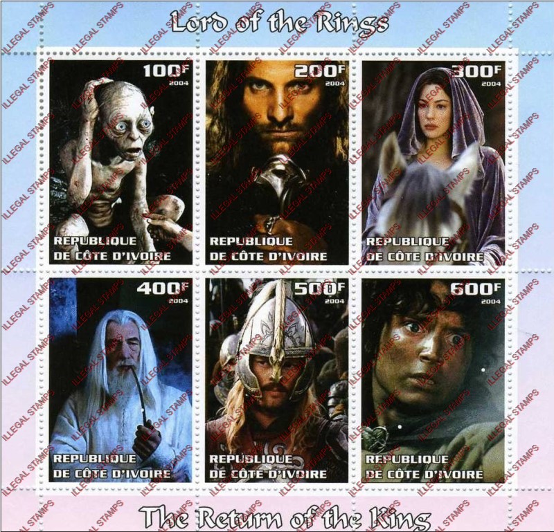 Ivory Coast 2004 Lord of the Rings Illegal Stamp Sheetlet of 6 Ivory Coast 2004 Lord of the Rings Illegal Stamp Sheetlet of 6