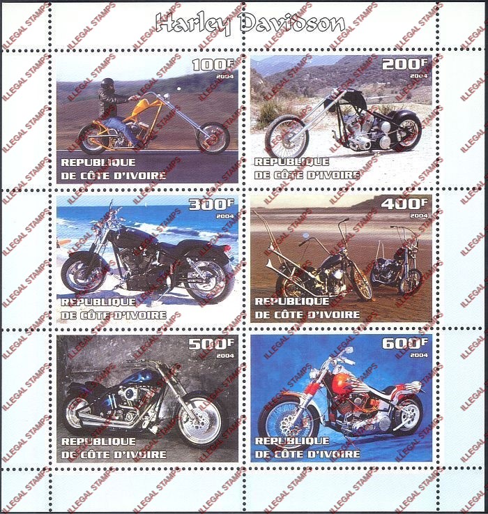Ivory Coast 2004 Motorcycles Harley Davidson Illegal Stamp Sheetlet of 6 Ivory Coast 2004 Motorcycles Harley Davidson Illegal Stamp Sheetlet of 6