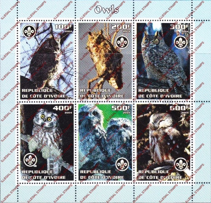 Ivory Coast 2004 Owls Illegal Stamp Sheetlet of 6 Ivory Coast 2004 Owls Illegal Stamp Sheetlet of 6