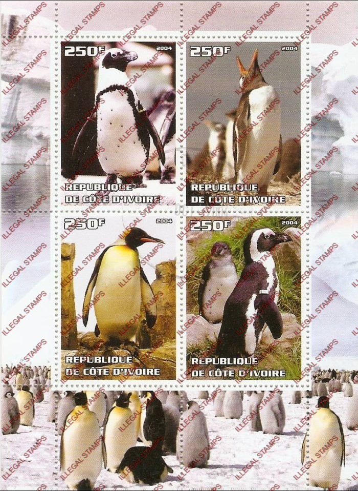 Ivory Coast 2004 Penguins Illegal Stamp Souvenir Sheet of 4 Ivory Coast 2004 Penguins Illegal Stamp Souvenir Sheet of 4