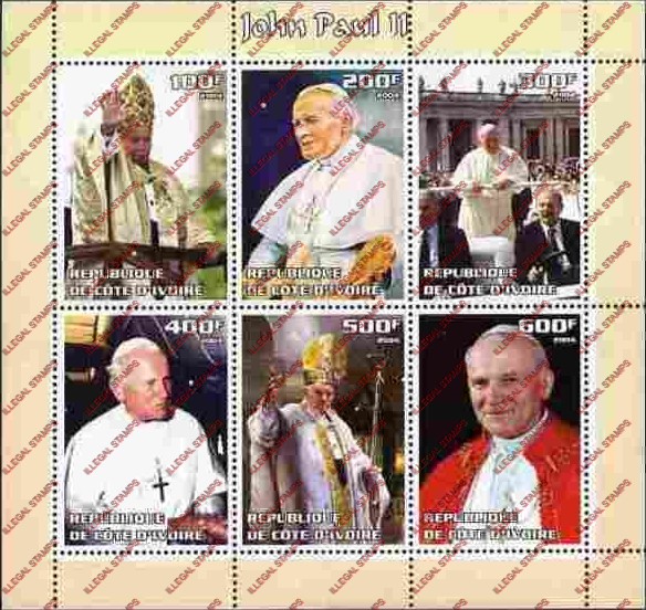Ivory Coast 2004 Pope John Paul II Illegal Stamp Sheetlet of 6 Ivory Coast 2004 Pope John Paul II Illegal Stamp Sheetlet of 6