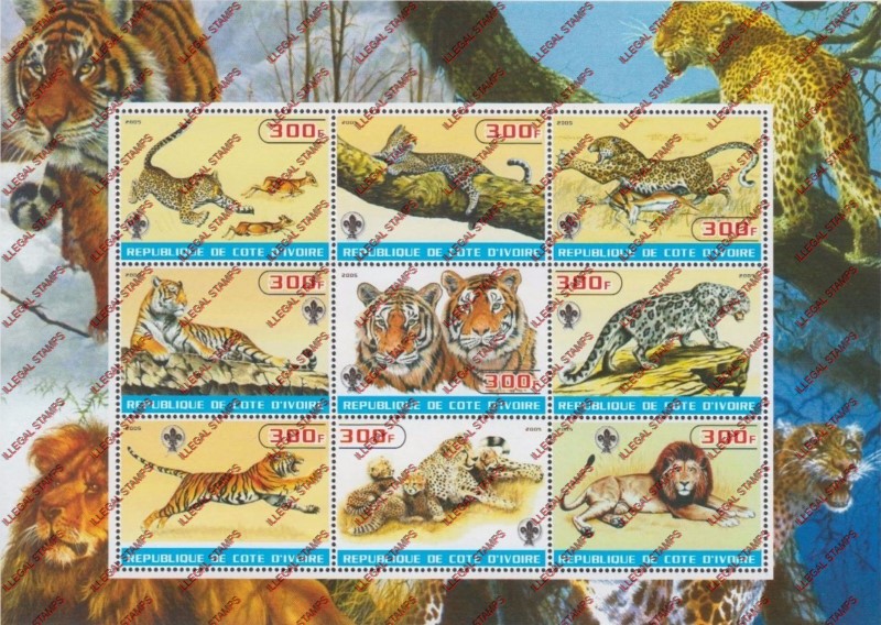 Ivory Coast 2005 Big Cats Lions, Tigers, Leopards Illegal Stamp Sheetlet of 9 Ivory Coast 2005 Big Cats Lions, Tigers, Leopards Illegal Stamp Sheetlet of 9