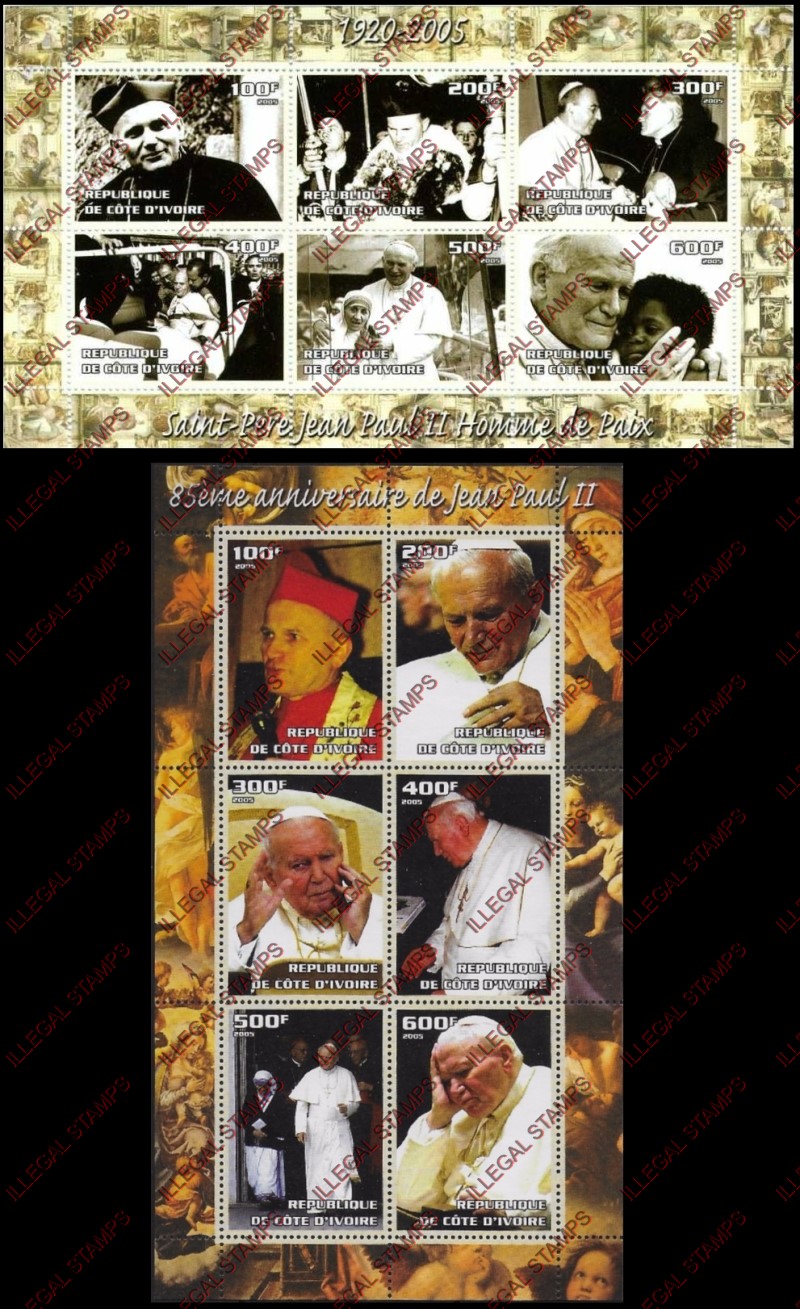Ivory Coast 2005 Pope John Paul II Illegal Stamp Sheetlets of 6 Ivory Coast 2005 Pope John Paul II Illegal Stamp Sheetlets of 6