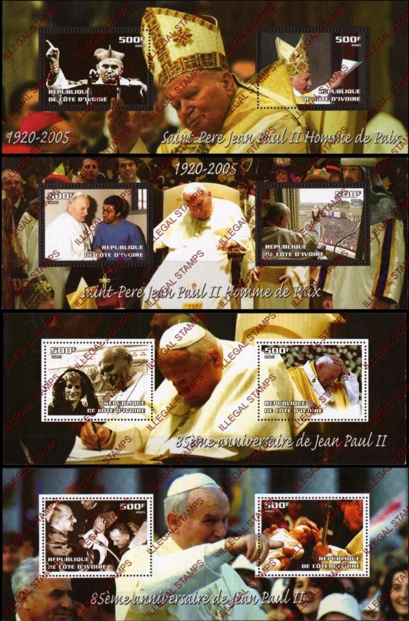 Ivory Coast 2005 Pope John Paul II Illegal Stamp Souvenir Sheets of 2 Ivory Coast 2005 Pope John Paul II Illegal Stamp Souvenir Sheets of 2