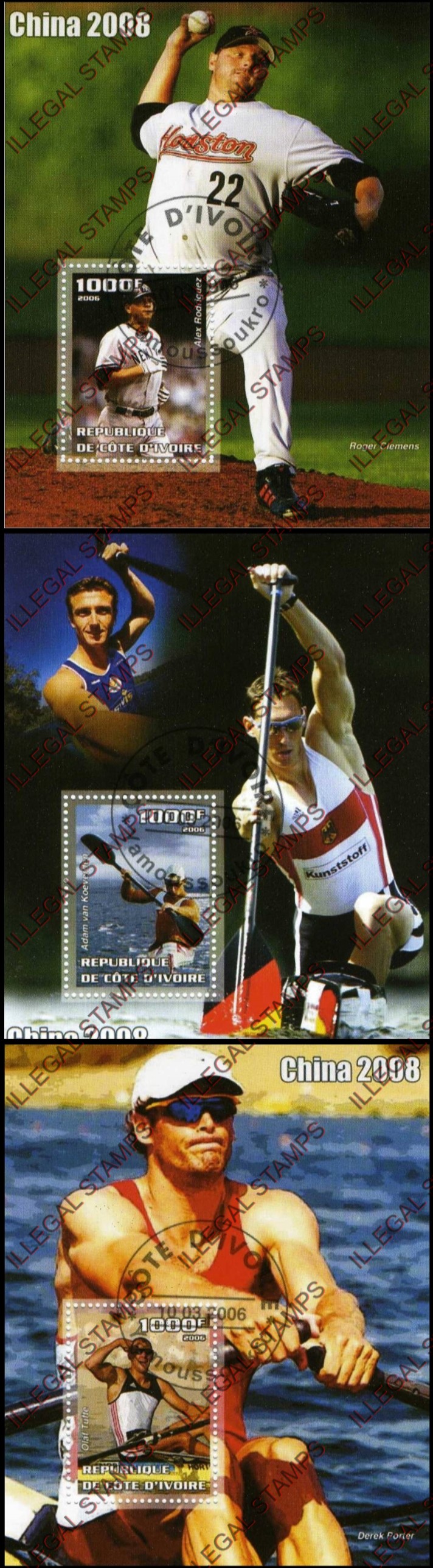 Ivory Coast 2006 Olympic Games China 2008 Baseball, Rowing, Canoeing Illegal Stamp Souvenir Sheets of 1 Ivory Coast 2006 Olympic Games China 2008 Baseball, Rowing, Canoeing Illegal Stamp Souvenir Sheets of 1