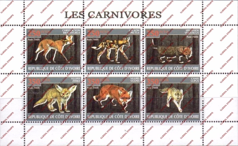 Ivory Coast 2009 Carnivores Illegal Stamp Sheetlet of 6