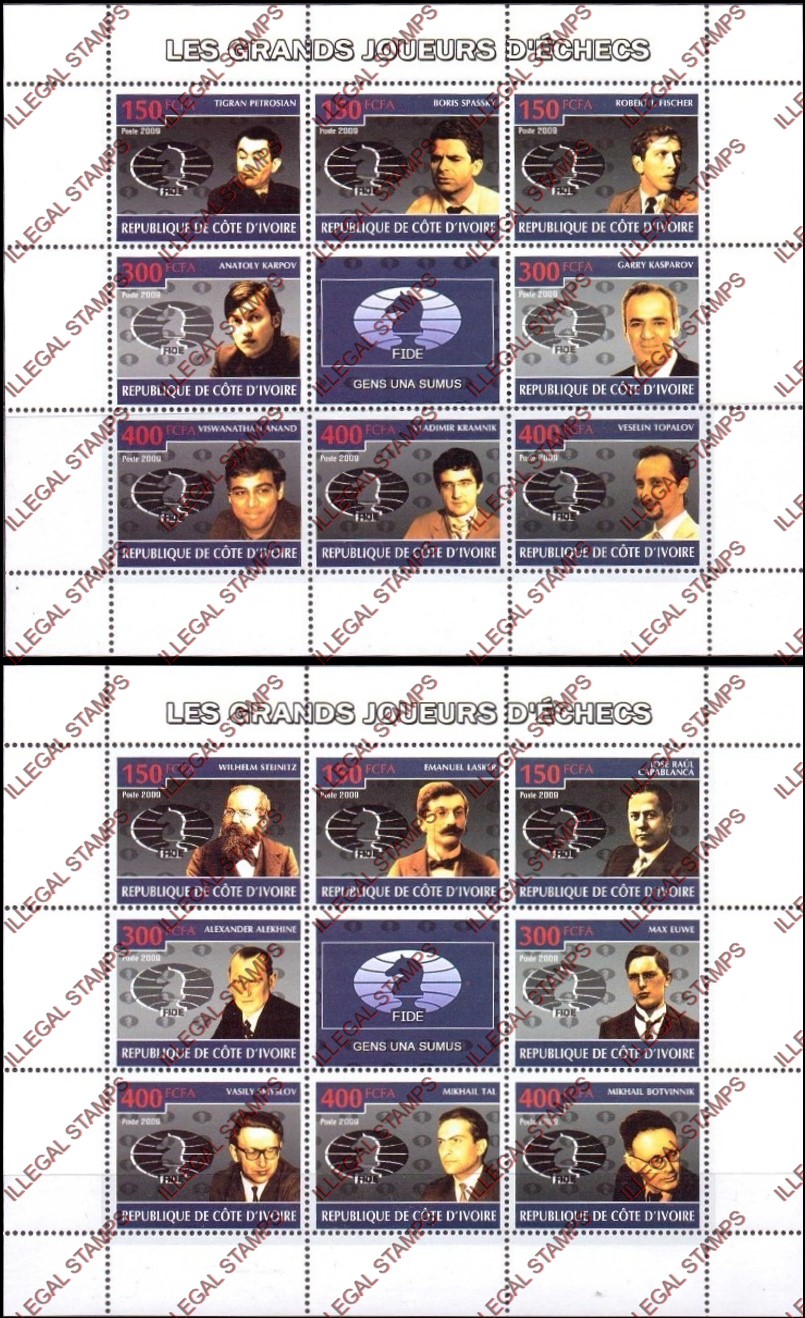 Ivory Coast 2009 Chess Illegal Stamp Sheetlets of 9