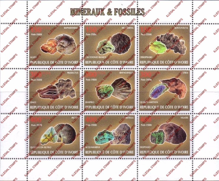 Ivory Coast 2009 Minerals and Fossils Illegal Stamp Sheetlet of 9