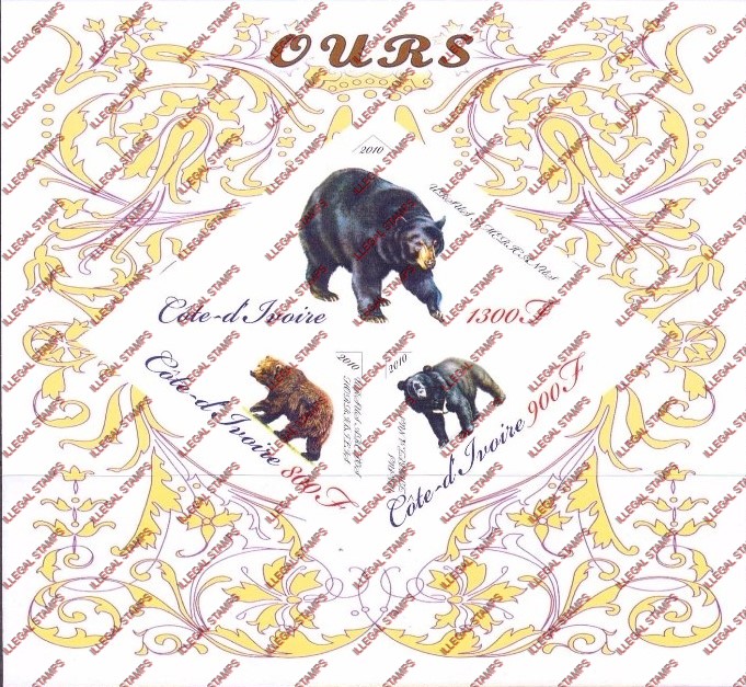 Ivory Coast 2010 Bears Illegal Stamp Souvenir Sheet of 3 Ivory Coast 2010 Bears Illegal Stamp Souvenir Sheet of 3