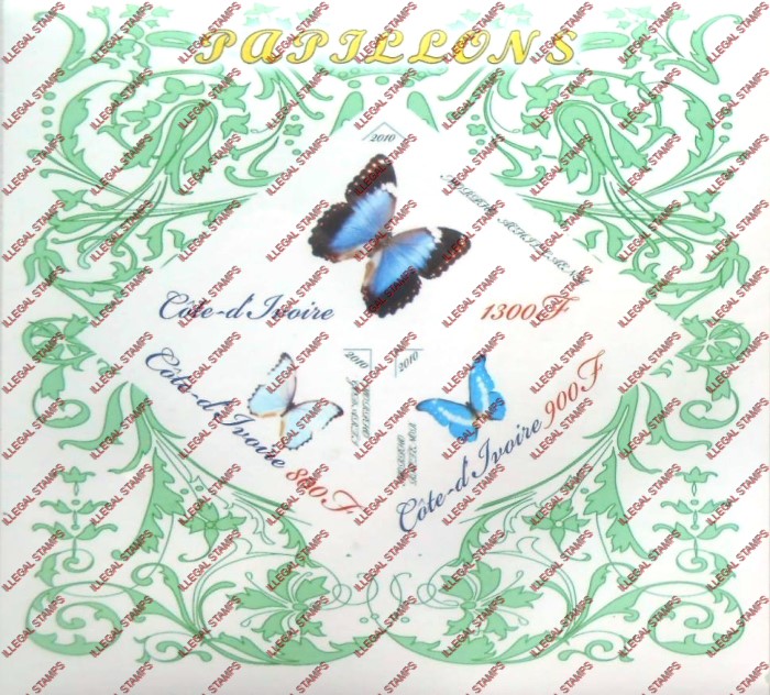 Ivory Coast 2010 Butterflies Illegal Stamp Souvenir Sheet of 3 Ivory Coast 2010 Butterflies Illegal Stamp Souvenir Sheet of 3