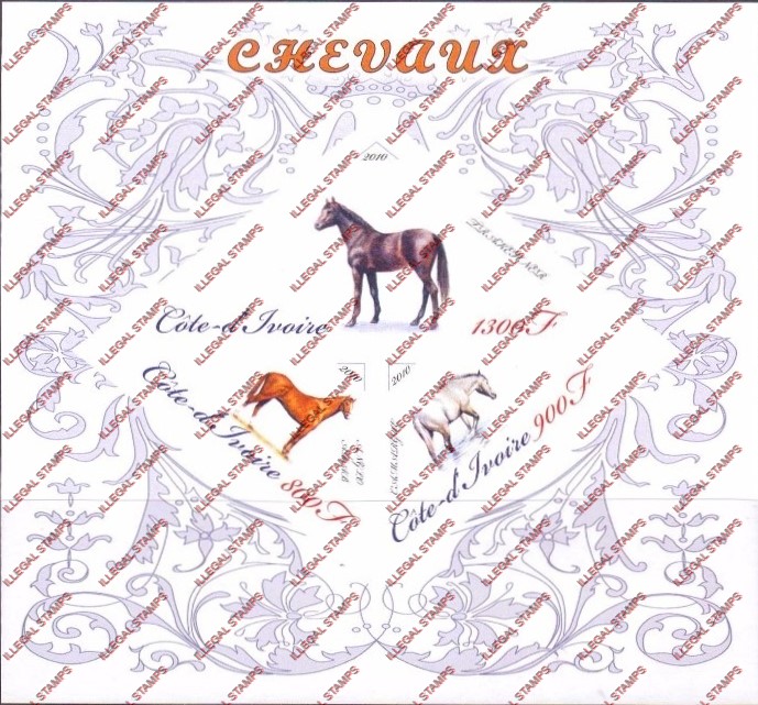 Ivory Coast 2010 Horses Illegal Stamp Souvenir Sheet of 3 Ivory Coast 2010 Horses Illegal Stamp Souvenir Sheet of 3