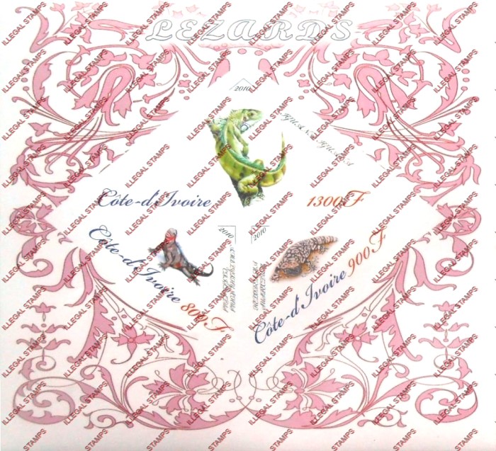Ivory Coast 2010 Lizards Illegal Stamp Souvenir Sheet of 3 Ivory Coast 2010 Lizards Illegal Stamp Souvenir Sheet of 3