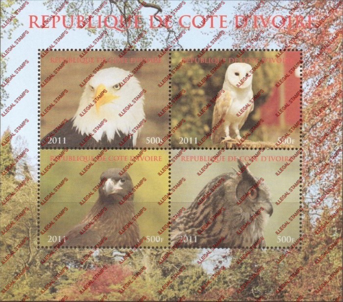 Ivory Coast 2011 Birds of Prey Illegal Stamp Souvenir Sheet of 4 Ivory Coast 2011 Birds of Prey Illegal Stamp Souvenir Sheet of 4
