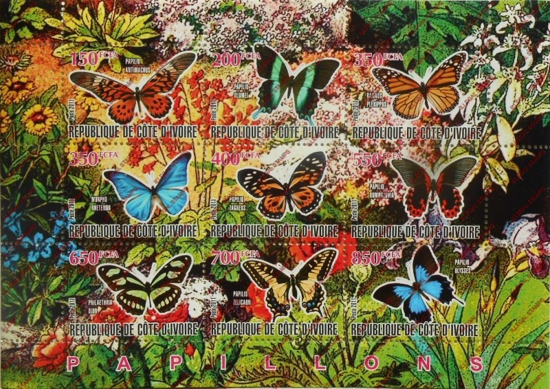 Ivory Coast 2011 Butterflies Illegal Stamp Sheetlet of 9 Ivory Coast 2011 Butterflies Illegal Stamp Sheetlet of 9