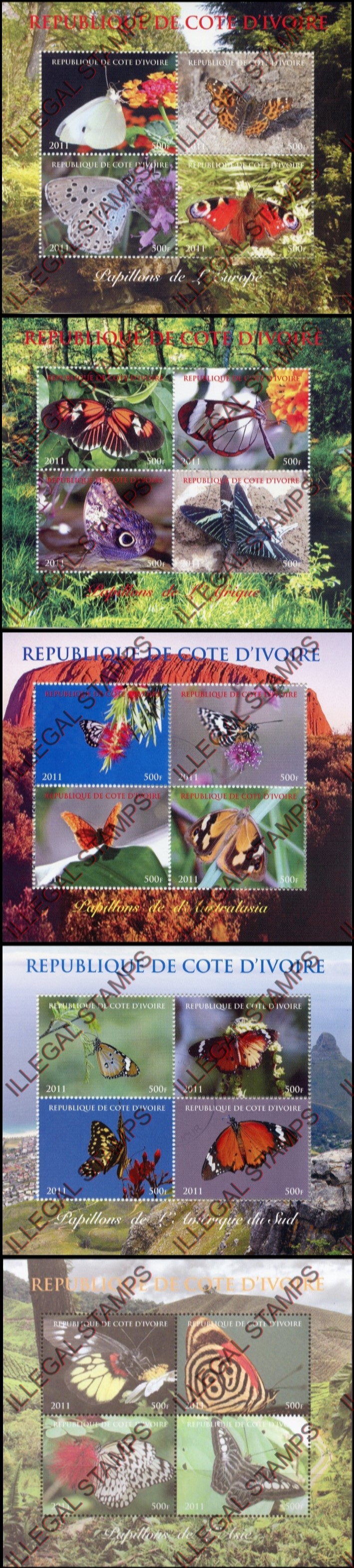 Ivory Coast 2011 Butterflies Illegal Stamp Souvenir Sheets of 4 Ivory Coast 2011 Butterflies Illegal Stamp Souvenir Sheets of 4