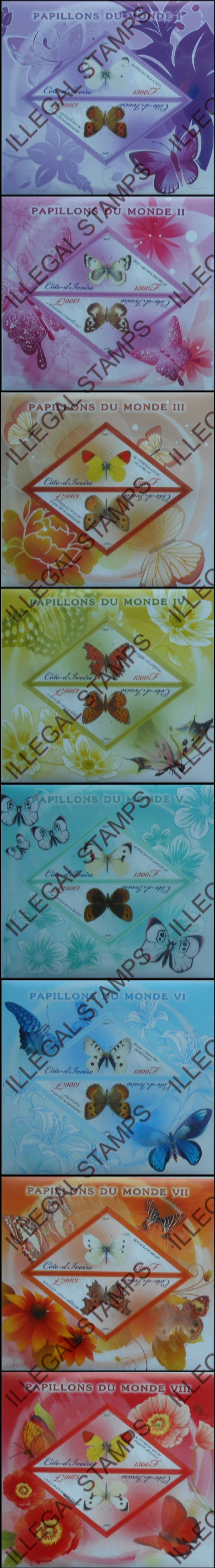Ivory Coast 2011 Butterflies Illegal Stamp Souvenir Sheets of 2 (Triangles) Ivory Coast 2011 Butterflies Illegal Stamp Souvenir Sheets of 2 (Triangles)