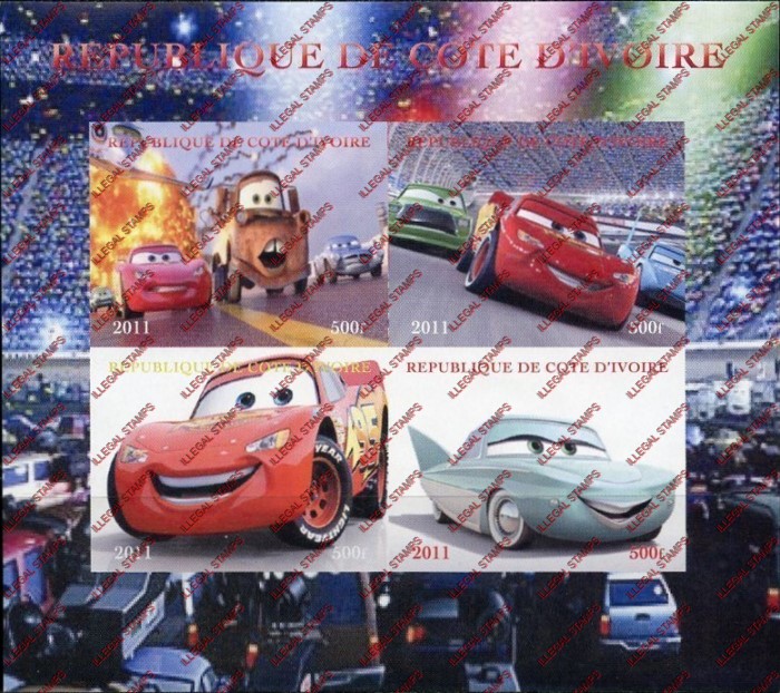 Ivory Coast 2011 Cars Cartoon Animation Illegal Stamp Souvenir Sheet of 4 Ivory Coast 2011 Cars Cartoon Animation Illegal Stamp Souvenir Sheet of 4