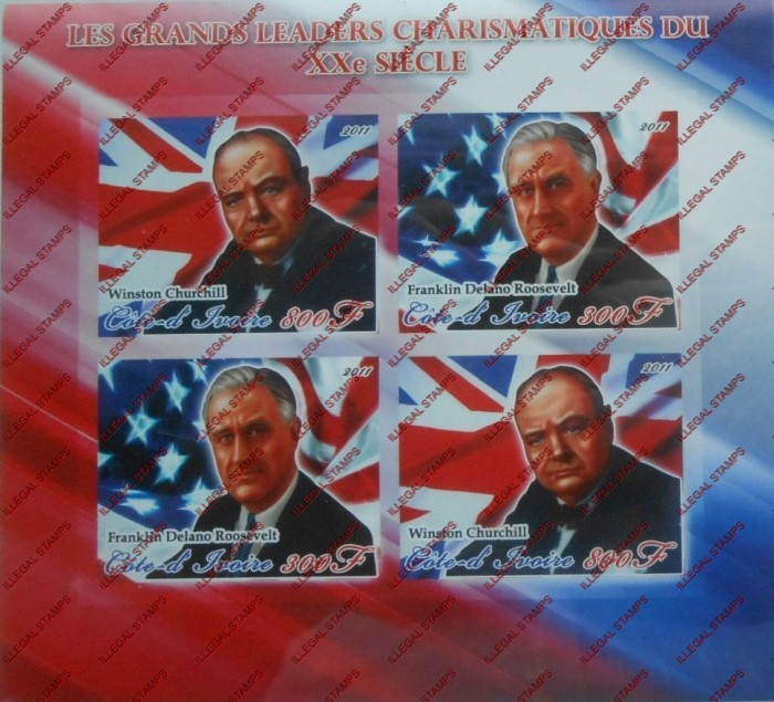 Ivory Coast 2011 Churchill and Roosevelt Illegal Stamp Souvenir Sheet of 4 Ivory Coast 2011 Churchill and Roosevelt Illegal Stamp Souvenir Sheet of 4