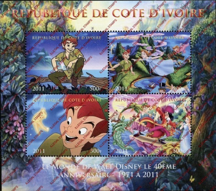 Ivory Coast 2011 Disney Peter Pan Illegal Stamp Souvenir Sheet of 4 Ivory Coast 2011 Disney Peter Pan Illegal Stamp Souvenir Sheet of 4