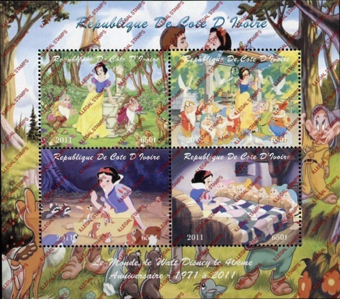Ivory Coast 2011 Disney Snow White Illegal Stamp Souvenir Sheet of 4 Ivory Coast 2011 Disney Snow White Illegal Stamp Souvenir Sheet of 4