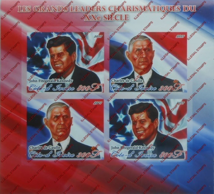 Ivory Coast 2011 Kennedy and de Gaulle Illegal Stamp Souvenir Sheet of 4 Ivory Coast 2011 Kennedy and de Gaulle Illegal Stamp Souvenir Sheet of 4