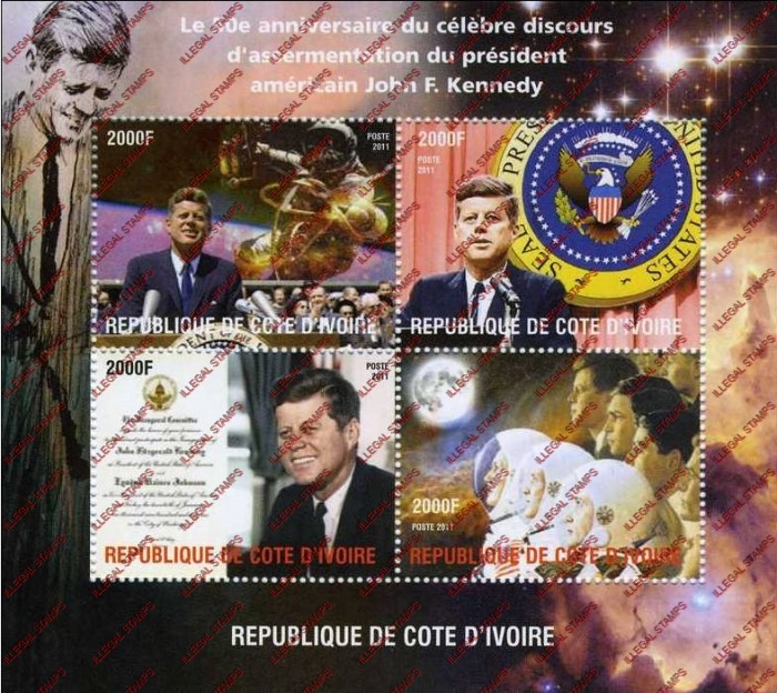 Ivory Coast 2011 John F. Kennedy Illegal Stamp Souvenir Sheet of 4 Ivory Coast 2011 John F. Kennedy Illegal Stamp Souvenir Sheet of 4