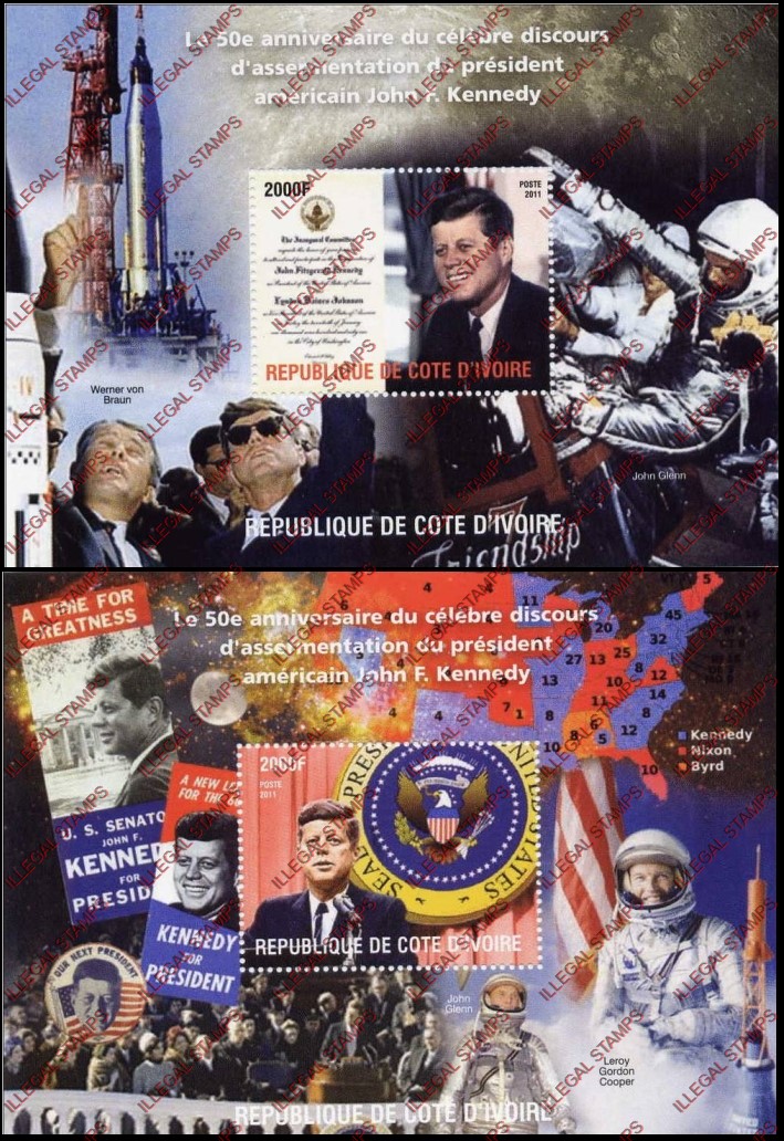 Ivory Coast 2011 John F. Kennedy Illegal Stamp Souvenir Sheets of 1 Ivory Coast 2011 John F. Kennedy Illegal Stamp Souvenir Sheets of 1