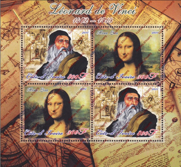 Ivory Coast 2011 Leonard de Vinci Illegal Stamp Souvenir Sheet of 4 Ivory Coast 2011 Leonard de Vinci Illegal Stamp Souvenir Sheet of 4