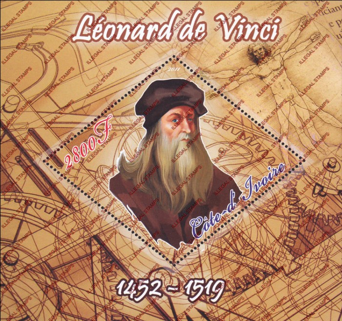 Ivory Coast 2011 Leonard de Vinci Illegal Stamp Souvenir Sheet of 1 Ivory Coast 2011 Leonard de Vinci Illegal Stamp Souvenir Sheet of 1