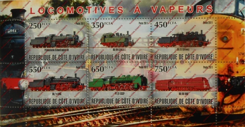Ivory Coast 2011 Locomotives Illegal Stamp Sheetlet of 9 Ivory Coast 2011 Locomotives Illegal Stamp Sheetlet of 9
