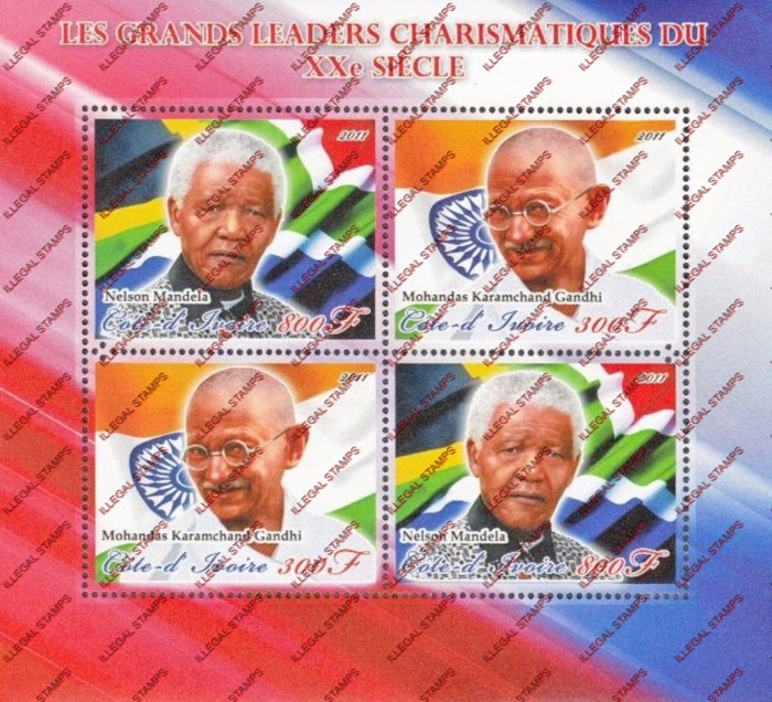 Ivory Coast 2011 Mandela and Gandhi Illegal Stamp Souvenir Sheet of 4 Ivory Coast 2011 Mandela and Gandhi Illegal Stamp Souvenir Sheet of 4