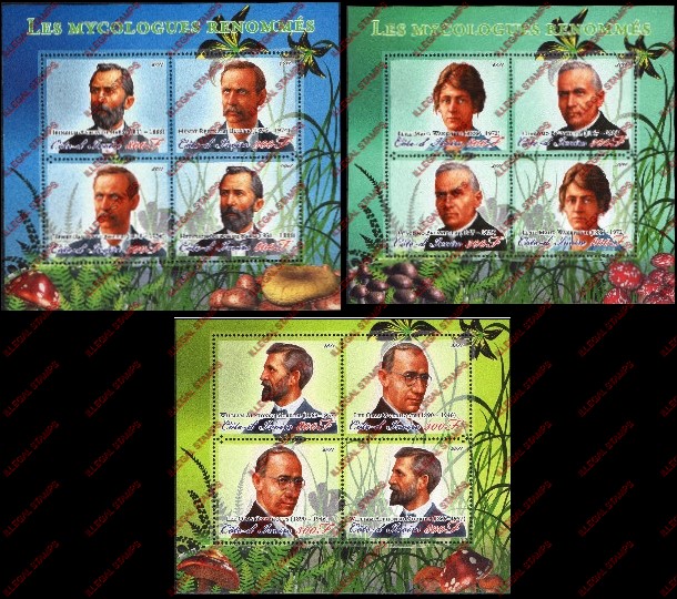 Ivory Coast 2011 Mushrooms Mycologists Illegal Stamp Souvenir Sheets of 4 Ivory Coast 2011 Mushrooms Mycologists Illegal Stamp Souvenir Sheets of 4