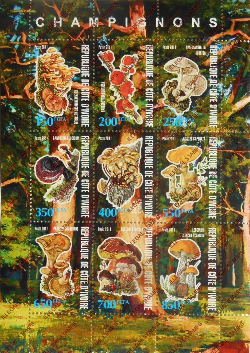 Ivory Coast 2011 Mushrooms Illegal Stamp Sheetlet of 9 Ivory Coast 2011 Mushrooms Illegal Stamp Sheetlet of 9