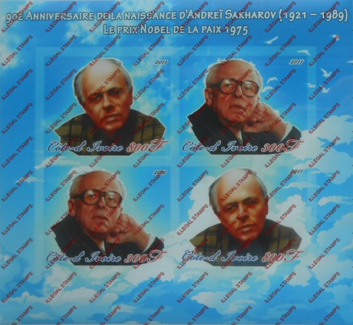 Ivory Coast 2011 Nobel Prize D'Andrei Sakharov Illegal Stamp Souvenir Sheet of 4 Ivory Coast 2011 Nobel Prize D'Andrei Sakharov Illegal Stamp Souvenir Sheet of 4