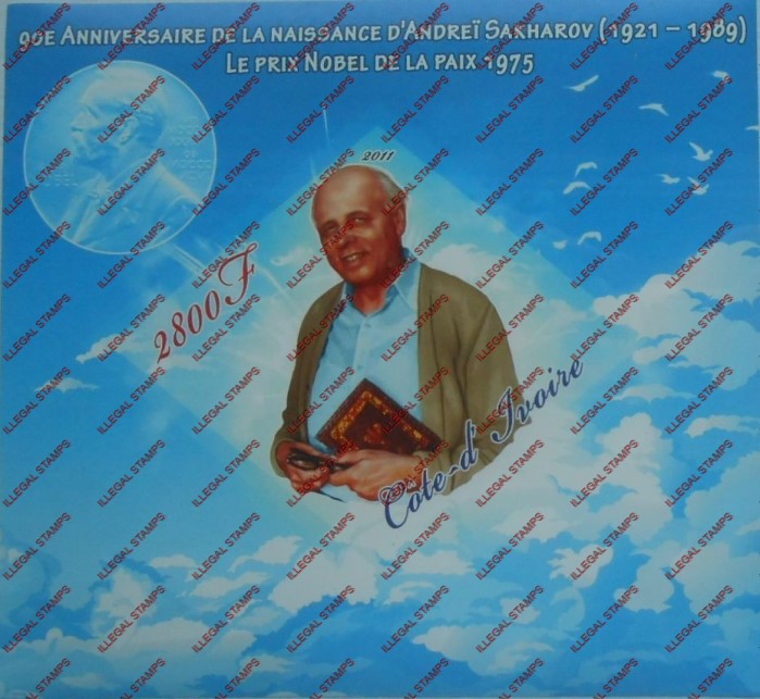 Ivory Coast 2011 Nobel Prize D'Andrei Sakharov Illegal Stamp Souvenir Sheet of 1 Ivory Coast 2011 Nobel Prize D'Andrei Sakharov Illegal Stamp Souvenir Sheet of 1