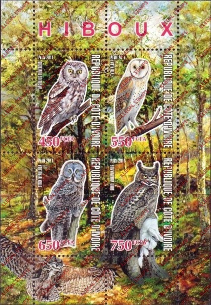 Ivory Coast 2011 Owls Illegal Stamp Souvenir Sheet of 4 Ivory Coast 2011 Owls Illegal Stamp Souvenir Sheet of 4