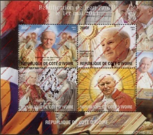 Ivory Coast 2011 Pope John Paul II Illegal Stamp Souvenir Sheet of 4 Ivory Coast 2011 Pope John Paul II Illegal Stamp Souvenir Sheet of 4