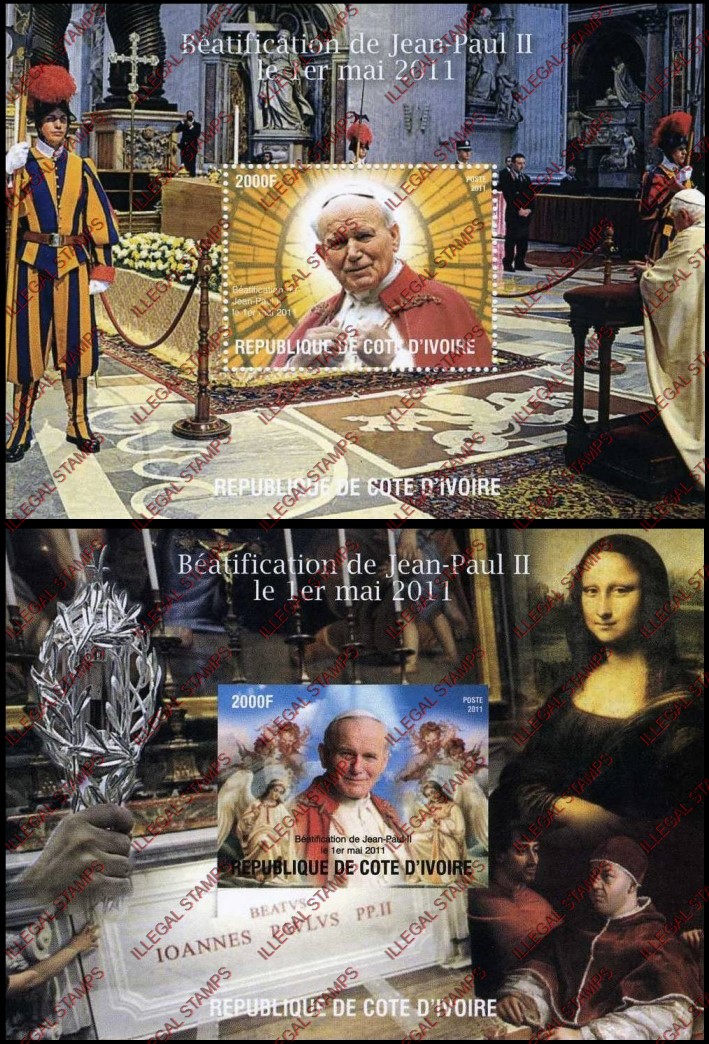 Ivory Coast 2011 Pope John Paul II Illegal Stamp Souvenir Sheets of 1 Ivory Coast 2011 Pope John Paul II Illegal Stamp Souvenir Sheets of 1