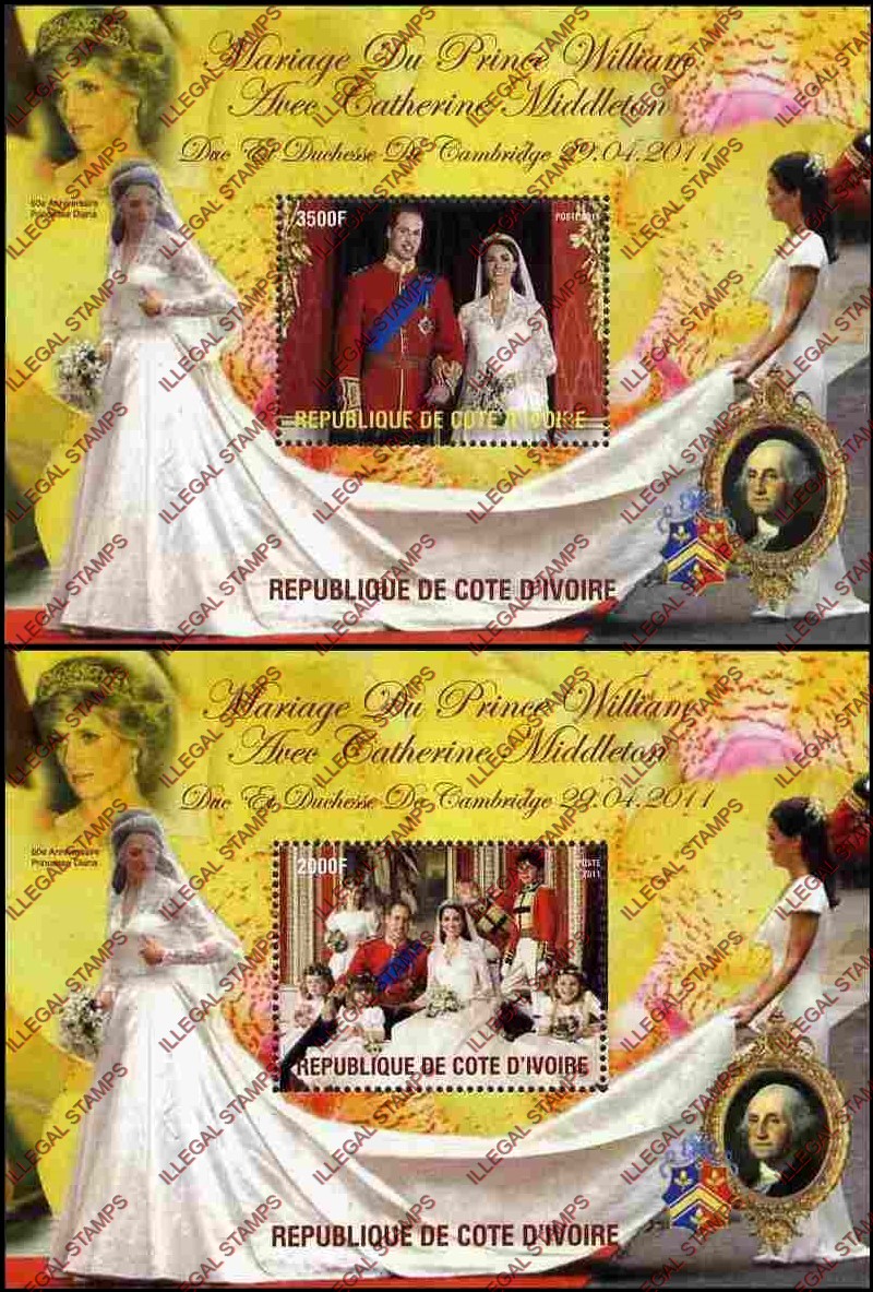 Ivory Coast 2011 Prince William and Kate Middleton Illegal Stamp Souvenir Sheets of 1 Ivory Coast 2011 Prince William and Kate Middleton Illegal Stamp Souvenir Sheets of 1