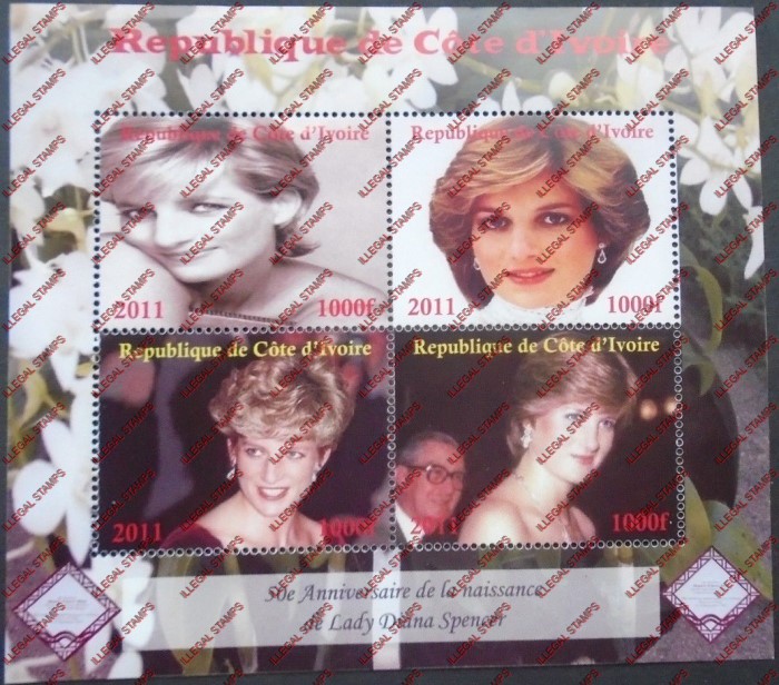 Ivory Coast 2011 Princess Diana Illegal Stamp Souvenir Sheet of 4 Ivory Coast 2011 Princess Diana Illegal Stamp Souvenir Sheet of 4