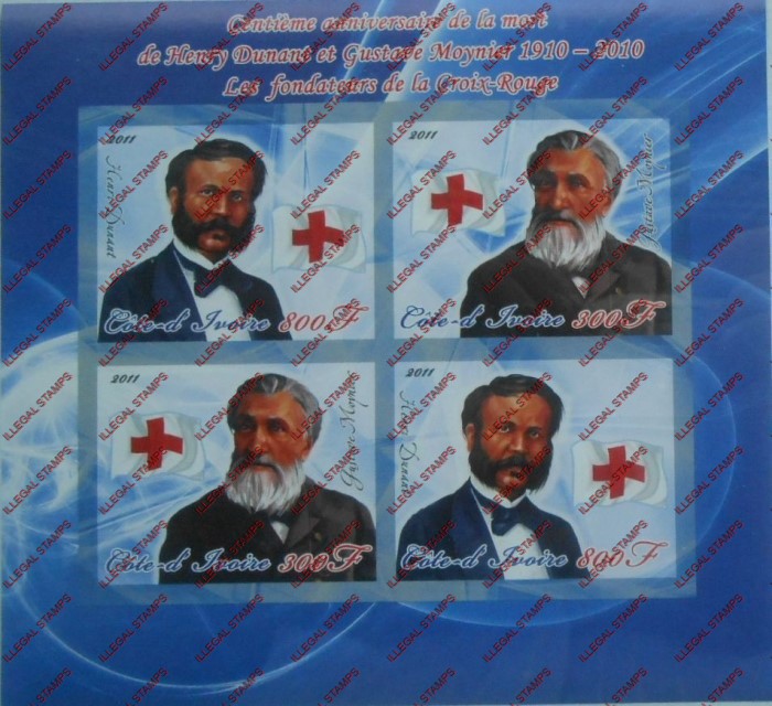 Ivory Coast 2011 Red Cross Dunant and Moynier Illegal Stamp Souvenir Sheet of 4 Ivory Coast 2011 Red Cross Dunant and Moynier Illegal Stamp Souvenir Sheet of 4